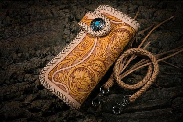 Handmade Mens Cool Tooled Floral Leather Chain Wallet Biker Trucker Wallet with Chain