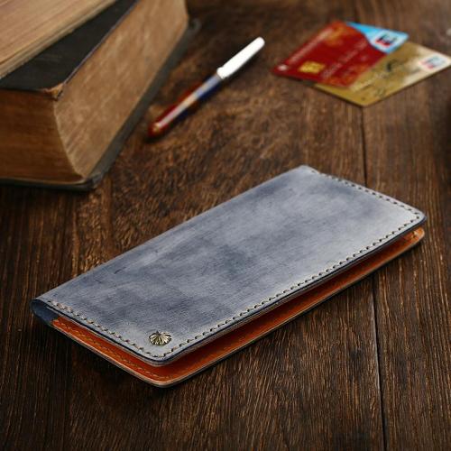 Simple Handmade Mens Brown Slim Long Wallet Blue Bifold Slim Card Wallet Clutch Wallet For Men