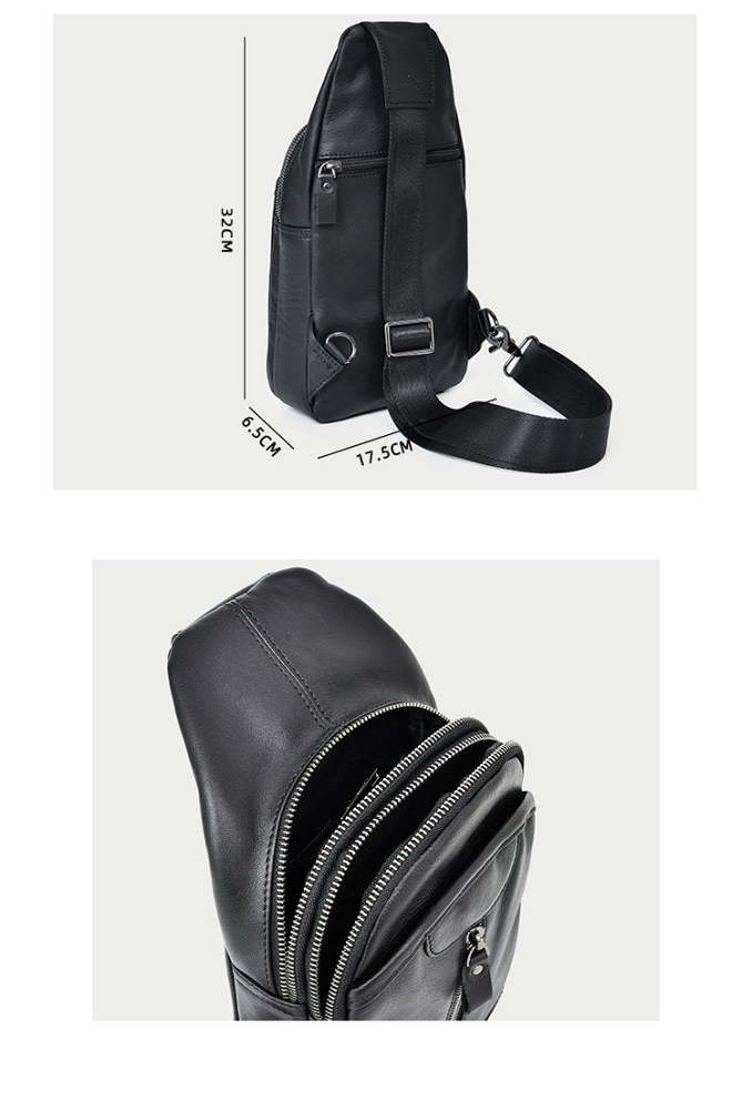 Cool Leather Mens 8 Black Sling Bag Chest Bag One Shoulder Backpack for Men