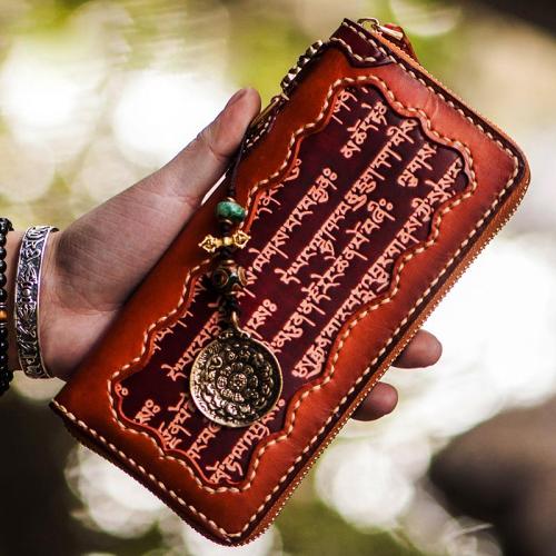 Handmade Leather Mens Tibetan Chain Biker Wallet Cool Leather Wallet Long Clutch Wallets for Men