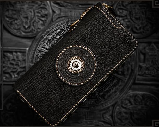 Handmade Leather Tibetan Mens Chain Biker Wallet Cool Leather Wallet Long Clutch Wallets for Men
