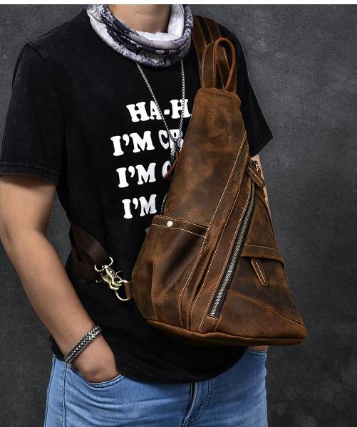 Vintage Leather Mens 16 Backpack Sling Bag Brown Chest Bag One Shoulder Backpack for Men
