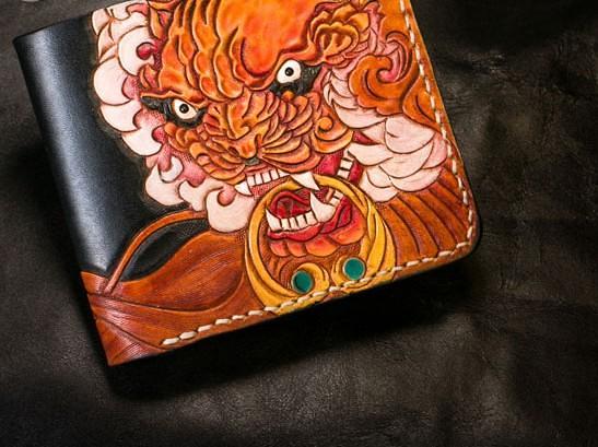 Handmade Leather Chinese Lion Tooled Mens billfold Wallet Cool Leather Wallet Slim Wallet for Men