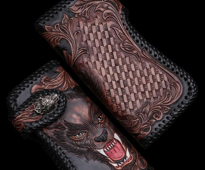 Handmade Leather Wolf Mens Chain Biker Wallet Cool Leather Wallet Long Phone Wallets for Men