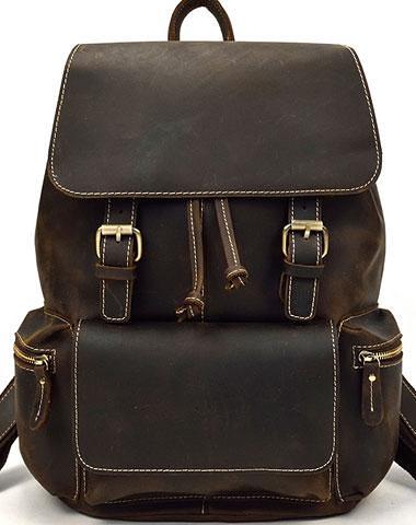 Cool Leather Black Coffee Mens Satchel Backpacks Travel Backpack 14inch Laptop Backpack for Men