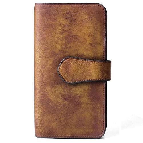 Cool Leather Brown Mens Long Wallet Gray Buckled Long Wallet Trifold Clutch Wallet for Men
