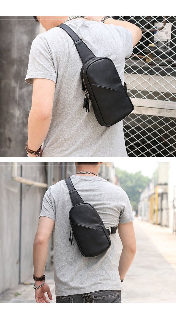 Vintage Dark Brown Leather Mens Chest Bag Black Sling Bag Sling Pack For Men