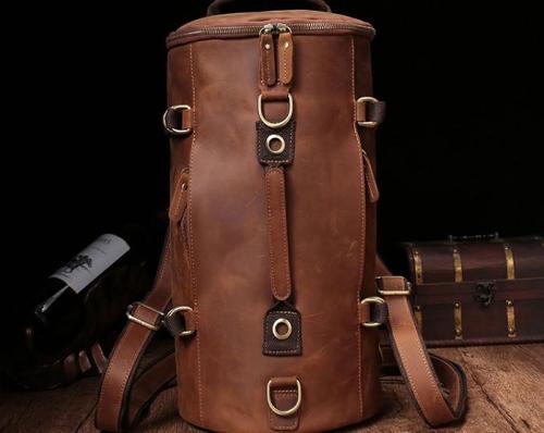 Cool Mens Leather Barrel Backpack Overnight Bag Travel Backpack Weekender Bag for men