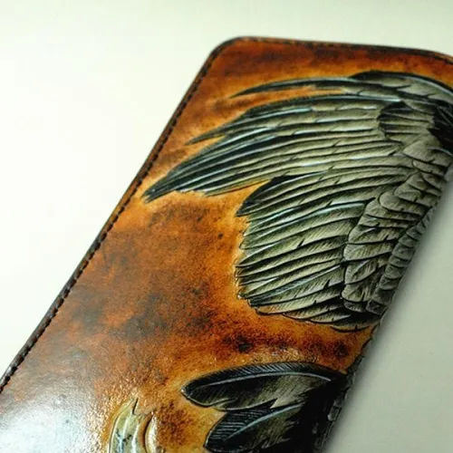 Handmade Leather Eagle Tooled Mens Long Wallet Cool Leather Wallet Clutch Wallet for Men