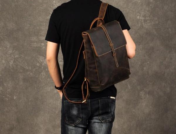 Genuine Leather Mens Cool Backpack Sling Bag Large Brown Travel Bag Hiking Bag for men