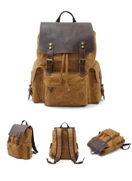 Cool Canvas Leather Mens 15'' Black Computer Backpack Green Hiking Backpack Travel Backpack for Men