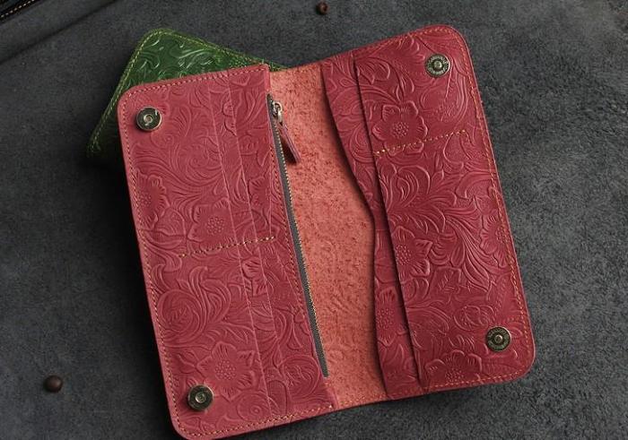 Handmade Leather Floral Mens Cool Travel Long Wallet Card Holder Card Slim Clutch Wallets for Men