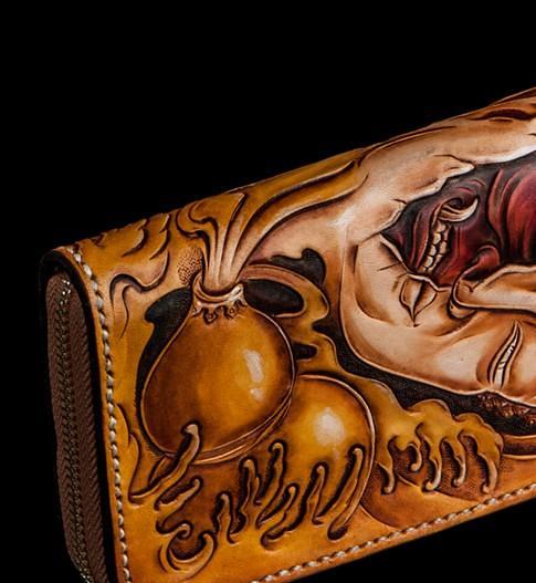 Handmade Leather Mens Clutch Wallet Cool Buddha&Demon Tooled Wallet Long Zipper Wallets for Men