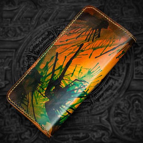 Handmade Leather Men Tooled Skull Cool Leather Wallet Long Phone Wallets for Men