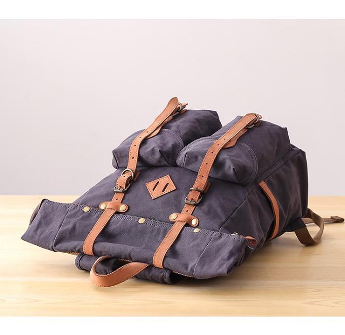 Waxed Canvas Leather Mens Dark Gray Waterproof 15‘’ Large Backpack Travel Backpack Green Hiking Backpack for Men