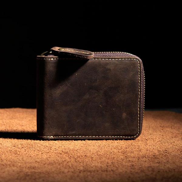 Vintage Leather Men Small Zipper Wallet Bifold Wallet for Men