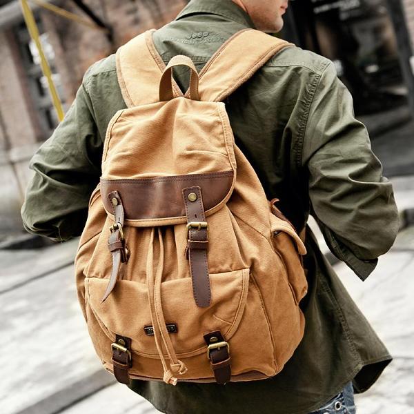 Canvas Leather Mens Women 16 Black Travel Backpack Khaki Computer Bag College Backpack for Men
