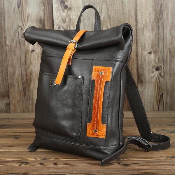 Mens Leather 14 inches Large School Laptop Backpack Rollup Khaki Brown Travel Backpacks for Men