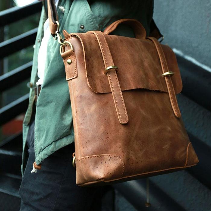 Vintage Mens Leather Briefcase Handbag Shoulder Bag Backpack for men