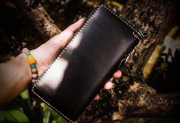 Handmade Leather Acalanatha Mens Chain Biker Wallet Cool Leather Wallet Long Clutch Wallets for Men
