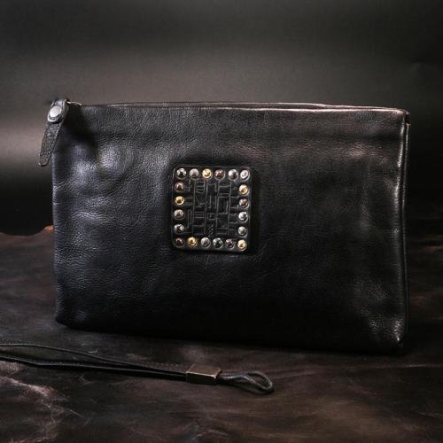 Handmade Leather Mens Clutch Cool Slim Wallet Zipper Clutch Wristlet Wallet for Men