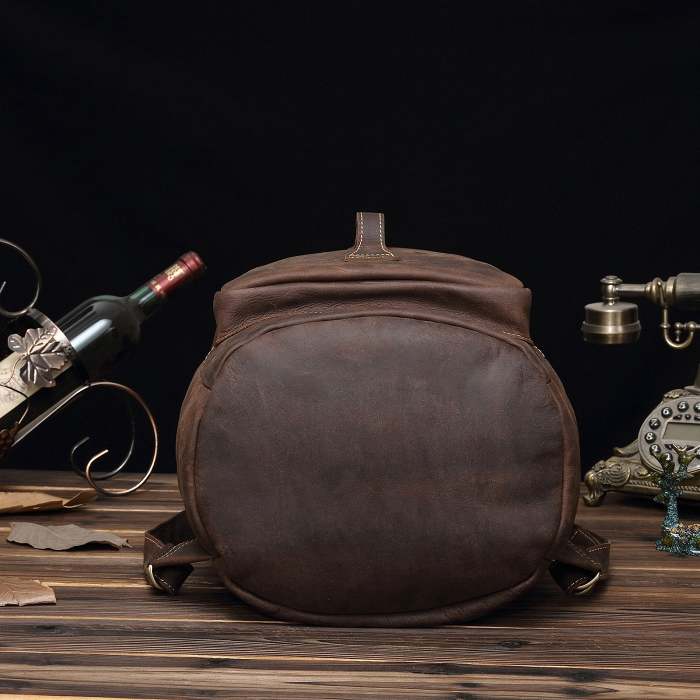 Dark Coffee Bucket Leather Men's 14 inches Large College Backpack Barrel Travel Backpack For Men