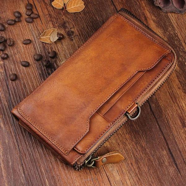 Handmade Leather Mens Cool Long Leather Wallet Bifold Clutch Wallet for Men