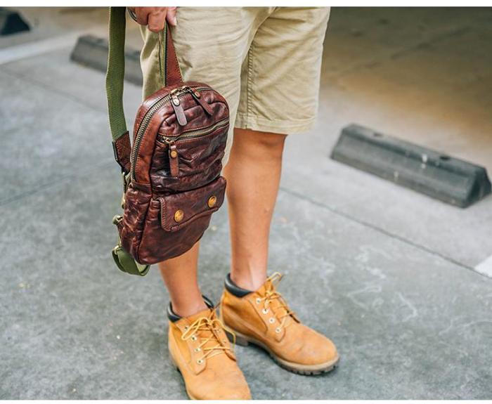 Fashion Black Leather Men Sling Bag Chest Bag Army Green Leather Sling Pack One Shoulder Backpack For Men