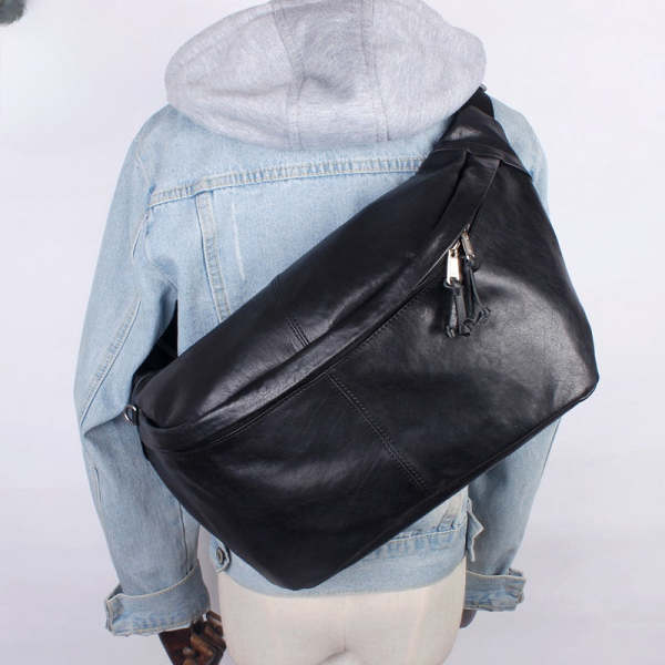 Leather Mens Large Sling Bag Black Leather Mens Big Waist Bag Fanny Pack For Big Men