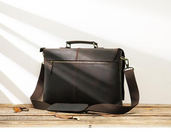 Dark Brown Leather Mens Large 14 inches Work Briefcase Laptop Bag Messenger Bags Work Side Bags for Men