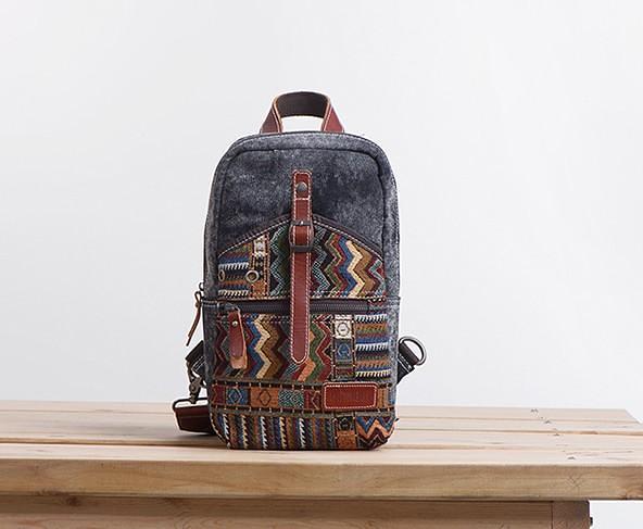 Folk Canvas Mens Sling Bag Vintage Chest Bag One Shoulder Pack for men