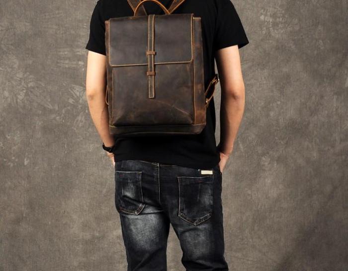 Genuine Leather Mens Cool Backpack Sling Bag Large Brown Travel Bag Hiking Bag for men