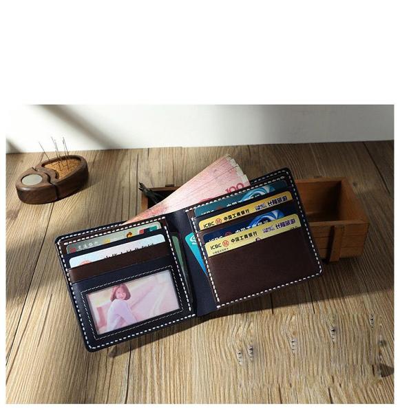 Handmade Blue Leather Billfold Wallet Personalized Mens Contrast Color Wallets for Men