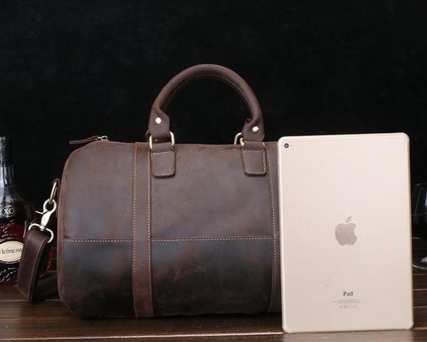 Dark Brown Leather Mens Barrel Overnight Bag Duffle Bag Travel Bag Weekender Bag for Men
