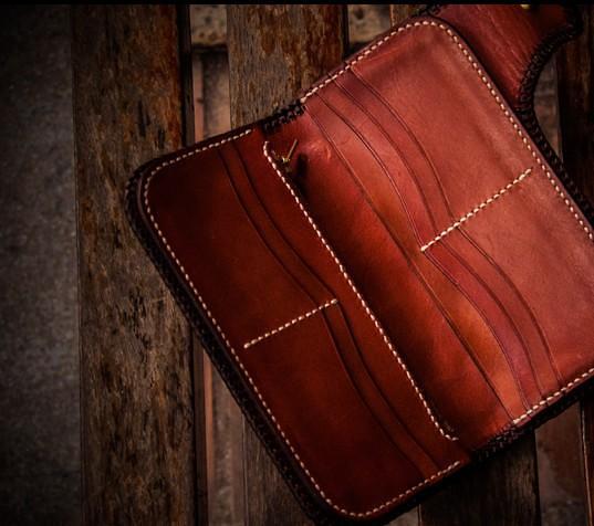 Handmade Leather Tooled Buddha&Demon Mens Chain Biker Wallet Cool Leather Wallet With Chain Wallets for Men