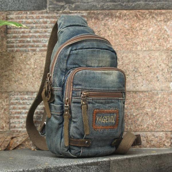 Mens Vintage Blue Denim Sling Bag Chest Bags Jean One Shoulder Backpack For Men