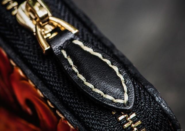 Handmade Leather Tooled Chinese Lion Black Mens Chain Biker Wallet Cool Leather Wallet Long Clutch Wallets for Men