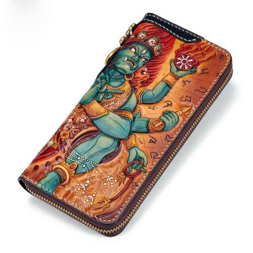 Handmade Leather Tooled Ucchusma Mens Chain Biker Wallet Cool Leather Wallet Zipper Long Phone Wallets for Men