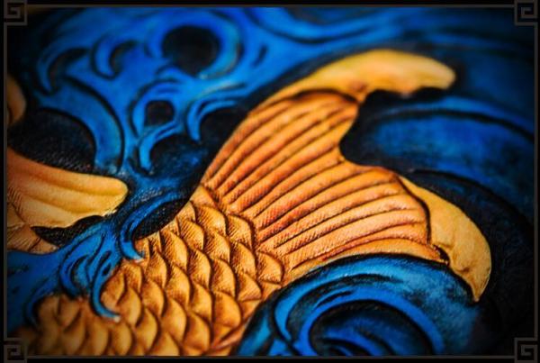 Handmade Leather Tooled Carp Mens Chain Biker Wallet Cool Leather Wallet Long Phone Wallets for Men