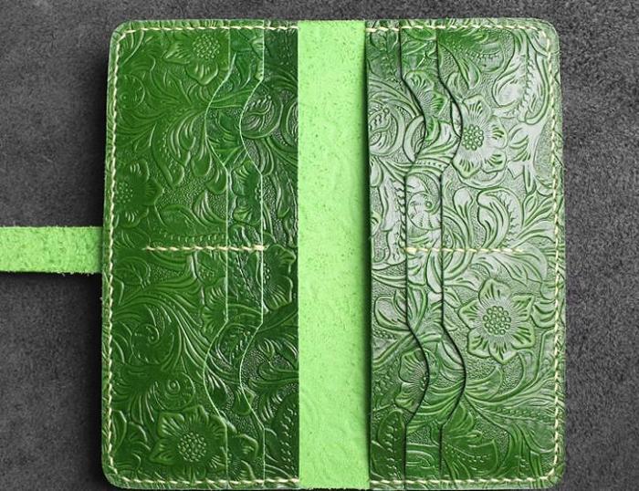 Handmade Leather Floral Mens Cool Travel Long Wallet Card Holder Card Slim Clutch Wallets for Men