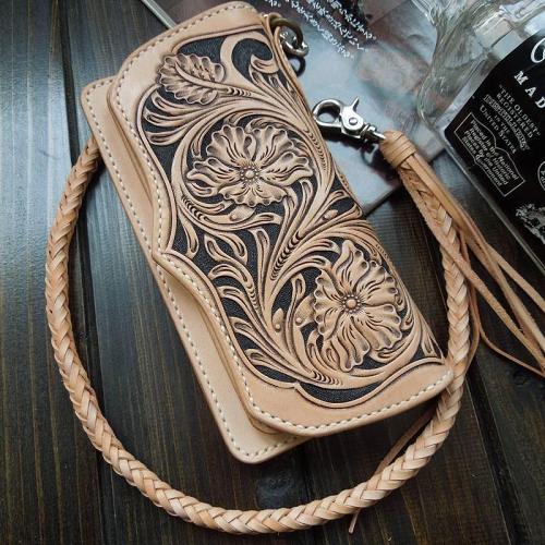 Handmade Leather Biker Wallet Tooled Floral Mens Cool Chain Wallet Trucker Wallet with Chain