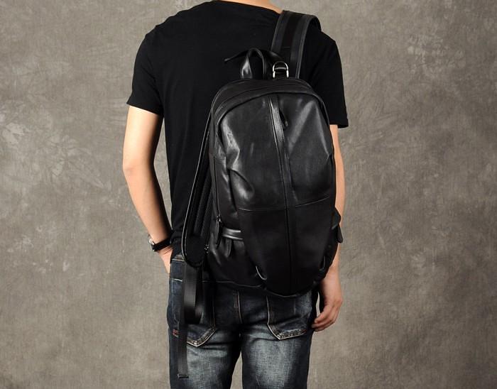 Genuine Leather Mens Cool Backpack Sling Bag Large Black Travel Bag Hiking Bag for men
