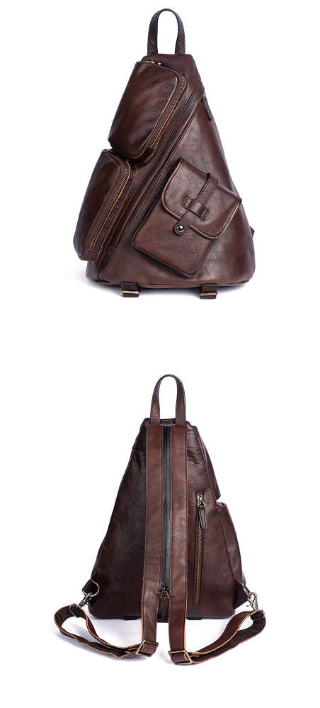Men's Brown Leather Sling Bag Large Convertible Cool Backpacks Sling Crossbody Pack For Men