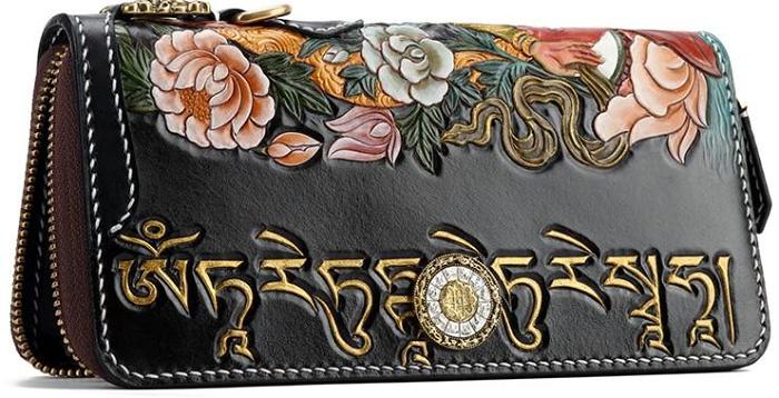 Handmade Leather Green Tara Buddhism Mens Chain Biker Wallet Cool Leather Wallet With Chain Wallets for Men