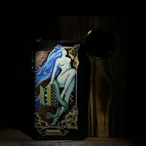 Handmade Leather Tooled Constellation Aquarius Biker Wallet Mens Cool Chain Wallet Trucker Wallet with Chain