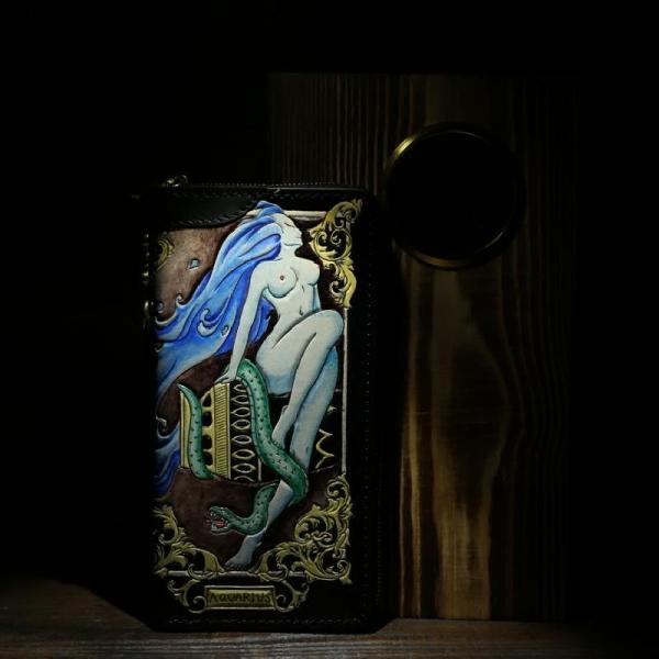 Handmade Leather Tooled Constellation Aquarius Biker Wallet Mens Cool Chain Wallet Trucker Wallet with Chain