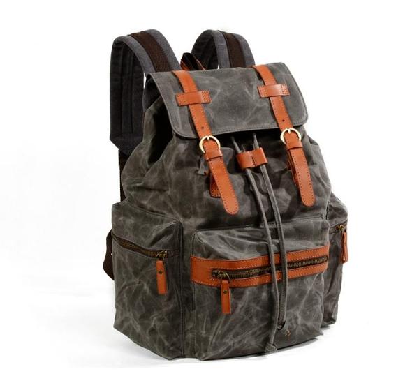 Gray Waxed Canvas Mens Waterproof Large 14‘’ Hiking Backpack Travel Backpack Computer Backpack College Backpack for Men