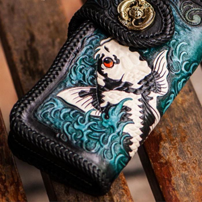 Handmade Leather Carp Mens Chain Biker Wallet Cool Leather Wallet With Chain Wallets for Men