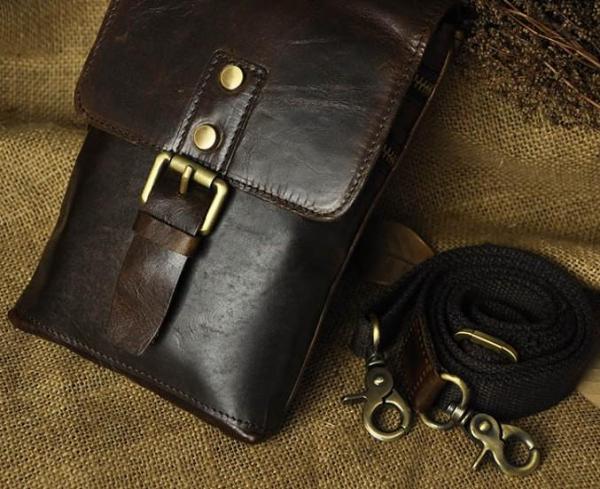 Mens Leather Small Side Bag  Waist Pouch COURIER BAG Holster Belt Case Belt Pouch for Men
