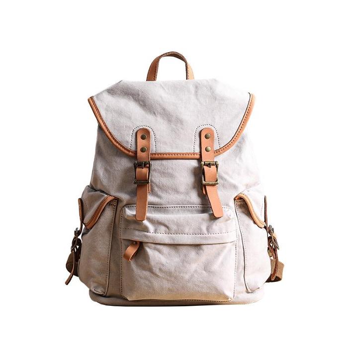 Cool Canvas Leather Mens Womens 13'' White Backpack Khaki Travel Backpack College Backpack  for Men